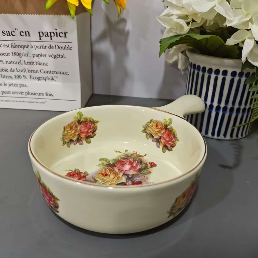 欧式老镇玫瑰餐具手工描金手把碗面碗饭碗泡面汤碗彩绘瓷碗陶瓷