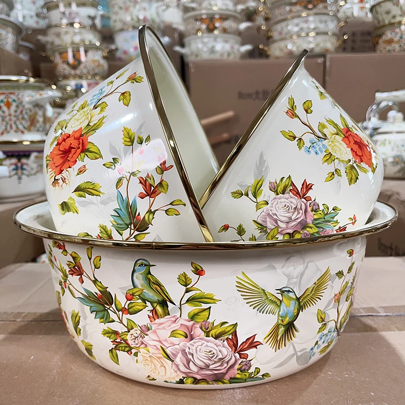 三件套盆花鸟24+28+32搪瓷盆食品级加厚和面盆家用洗脸盆复古盆子