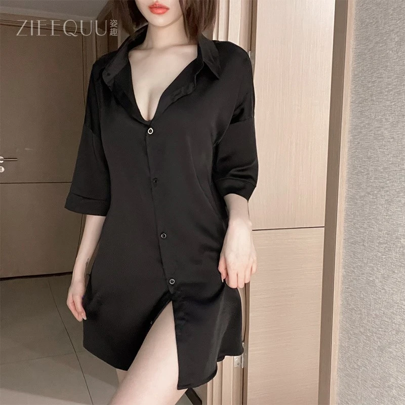新款宽松大码衬衫睡裙男友风纯色性感薄款七分袖睡衣女可外穿