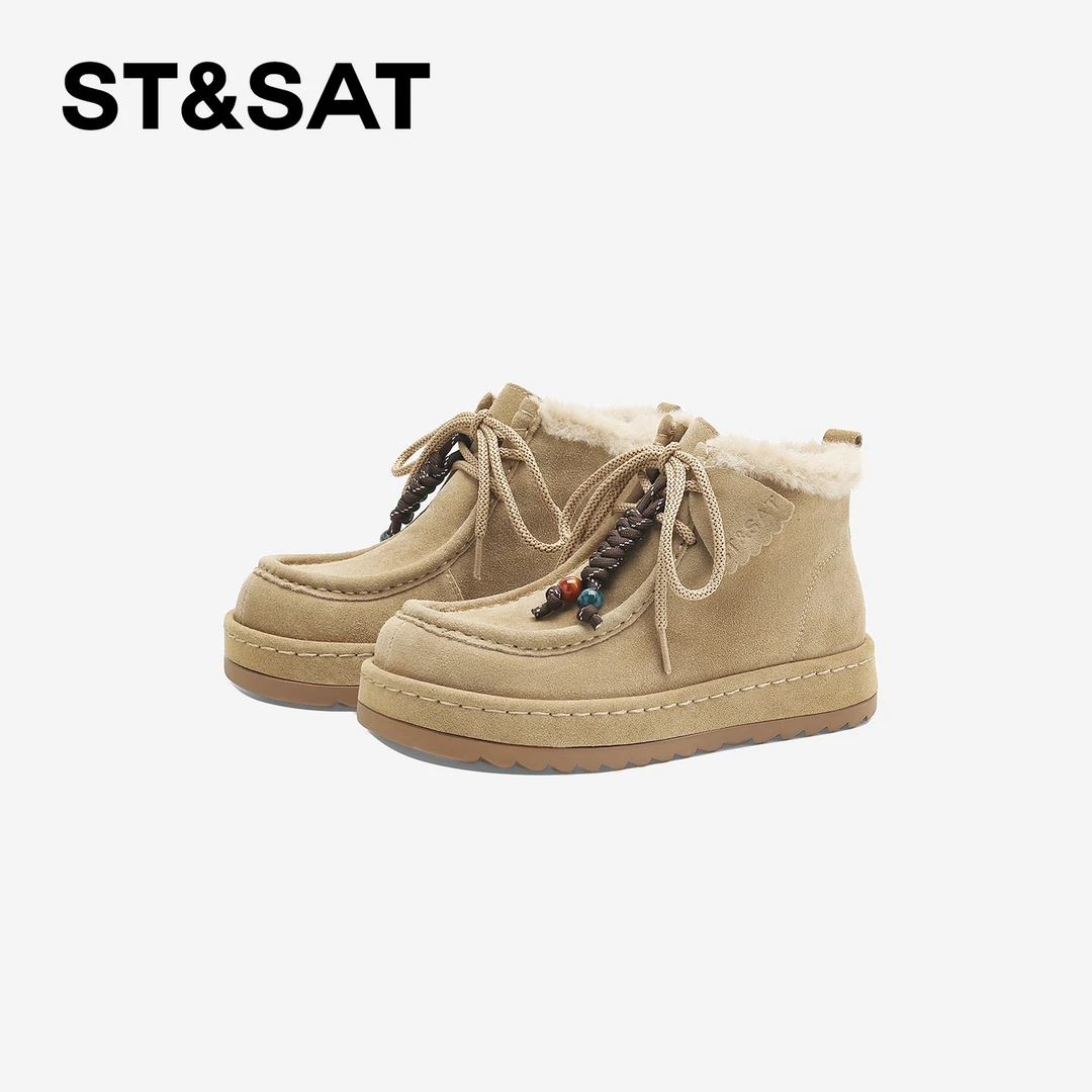 St&Sat/星期六冬季时尚民族风雪地靴短筒英伦系带星期六雪地靴