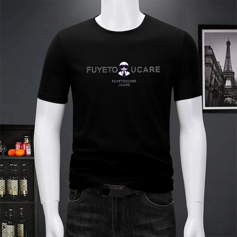 欧洲站新款时尚烫钻圆领短袖T恤男士修身痞帅显瘦百搭半袖衫上衣