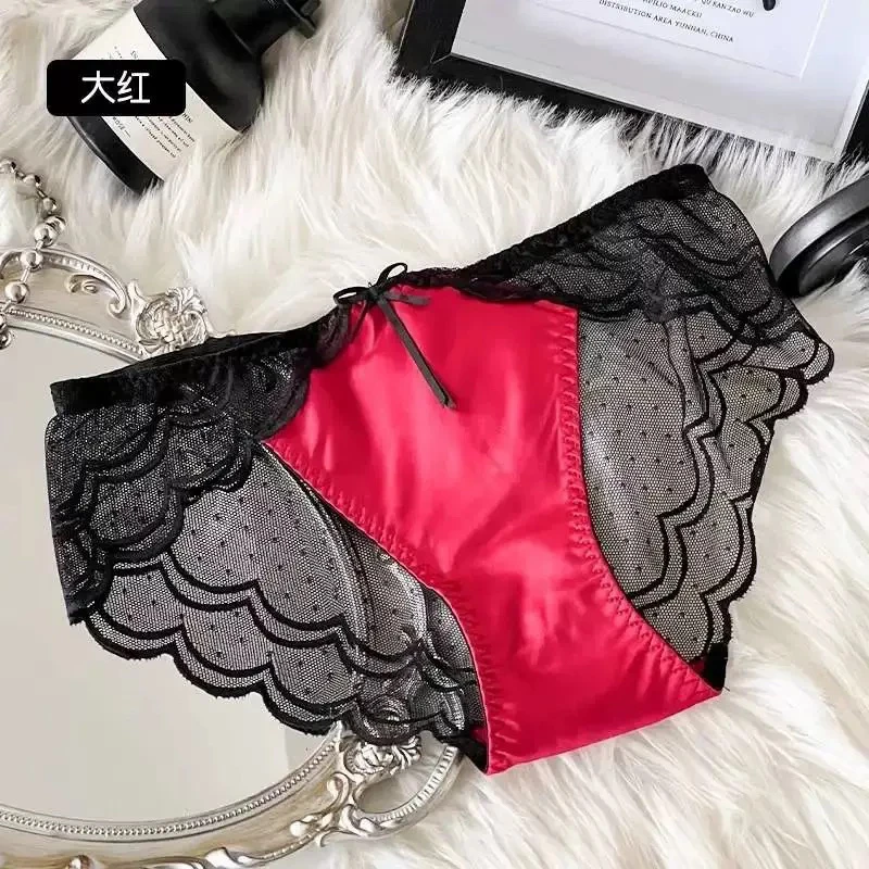蔓荔内可轻奢缎面拼接女士蝴蝶结波浪网纱三角内裤