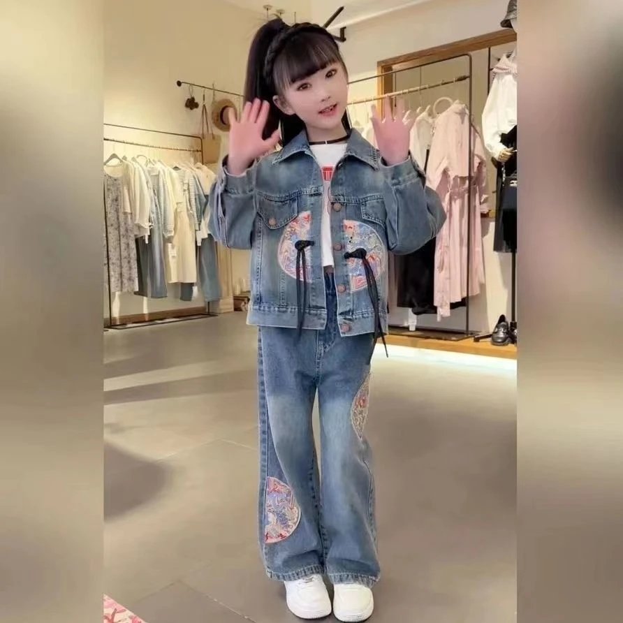款春季女童牛仔套装秋装国风套装中大儿童牛仔洋气长裤两件套复古