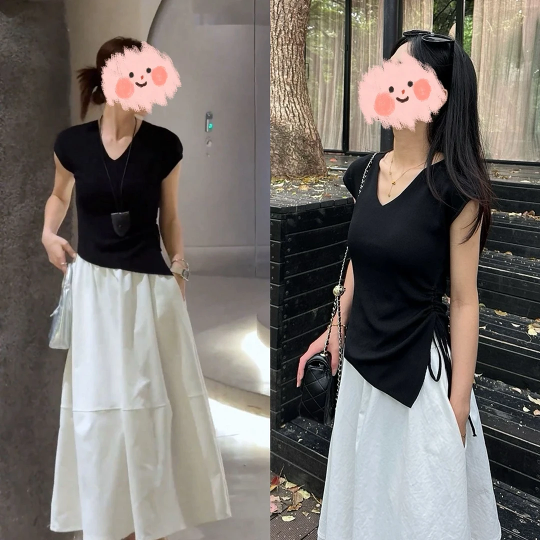 不规则抽绳褶皱v领短袖t恤女2025新款夏季修身设计感休闲开叉上衣