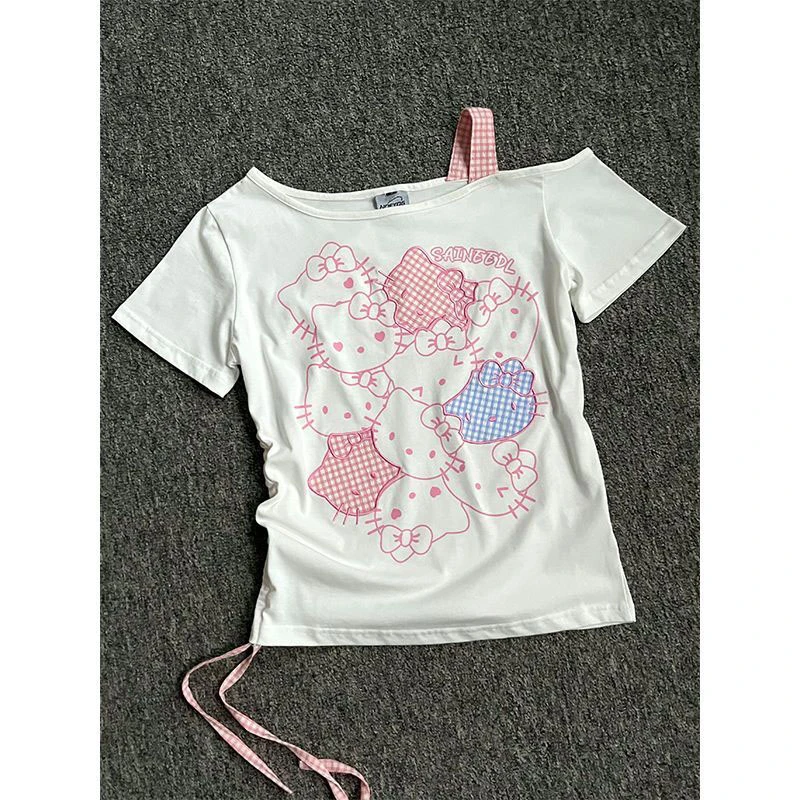 韩系chic白色斜肩T恤女夏季可爱kt猫咪印花宽松别致抽褶短袖上衣