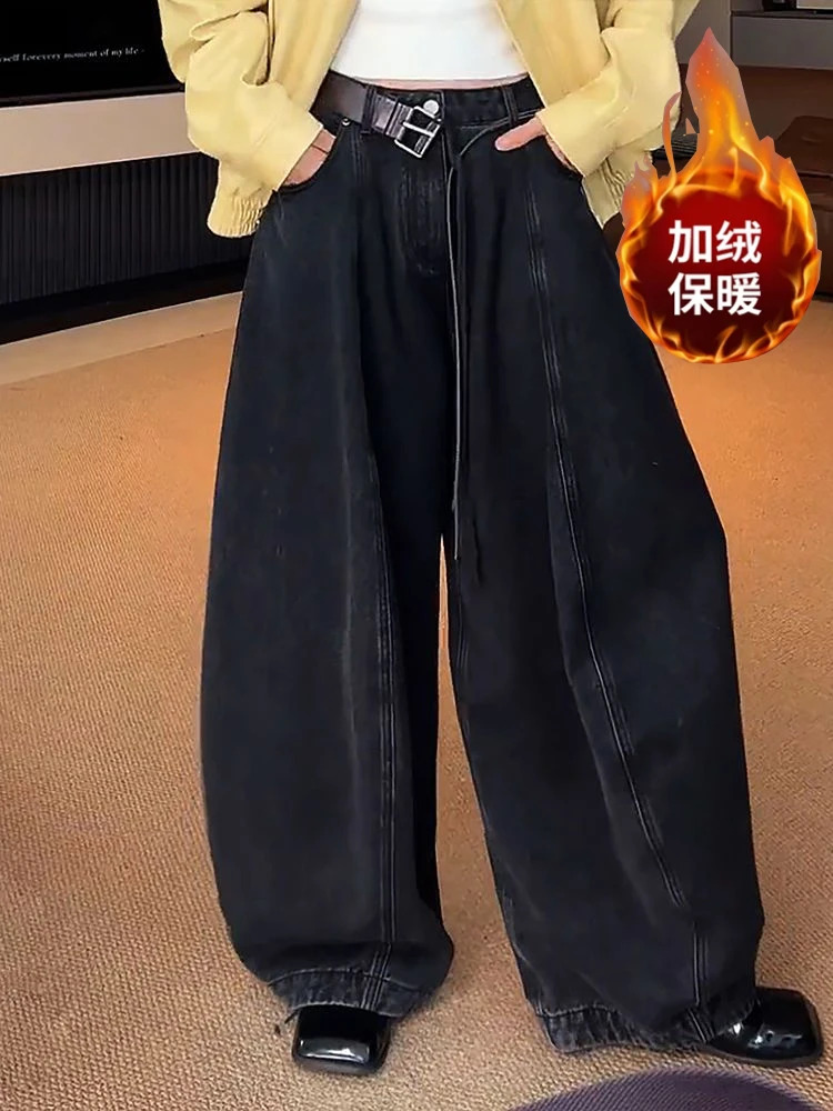 美式复古辣妹设计感做旧水洗黑弯刀廓形牛仔裤子女阔腿宽松弯刀裤