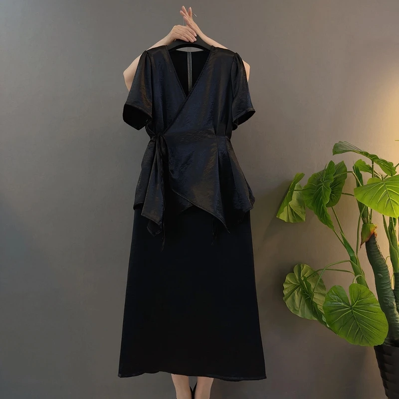 夏季新中式短袖气质显瘦休闲复古不规则黑色系带法式收腰时尚套装
