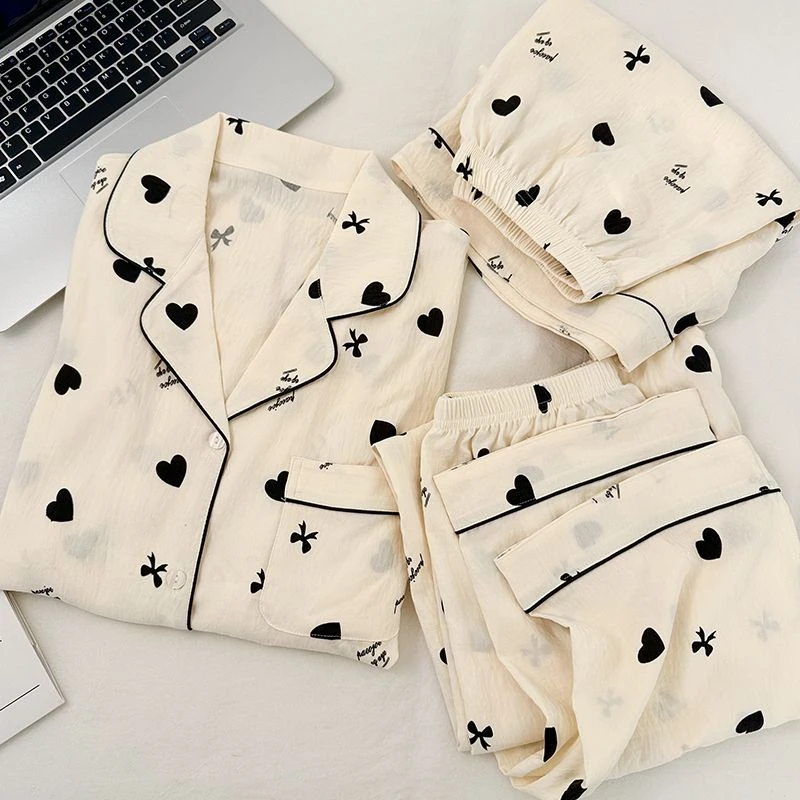 三件套韩系桃心睡衣女夏季云朵棉短袖长裤可爱ins风春秋天家居服