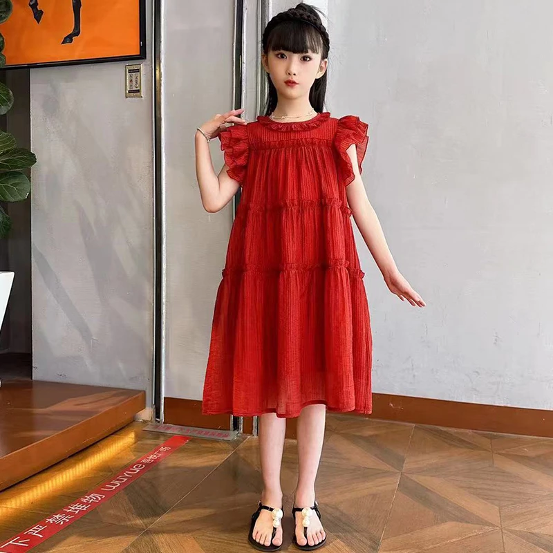 女童连衣裙夏季2025新款洋气儿童时尚女孩红色裙子夏装飞袖公主裙