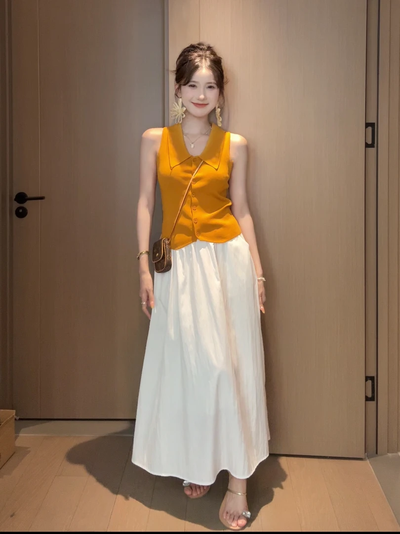 运补HAOER【韩女穿搭】秋季韩版甜美设计感独特polo领挂脖无袖针织