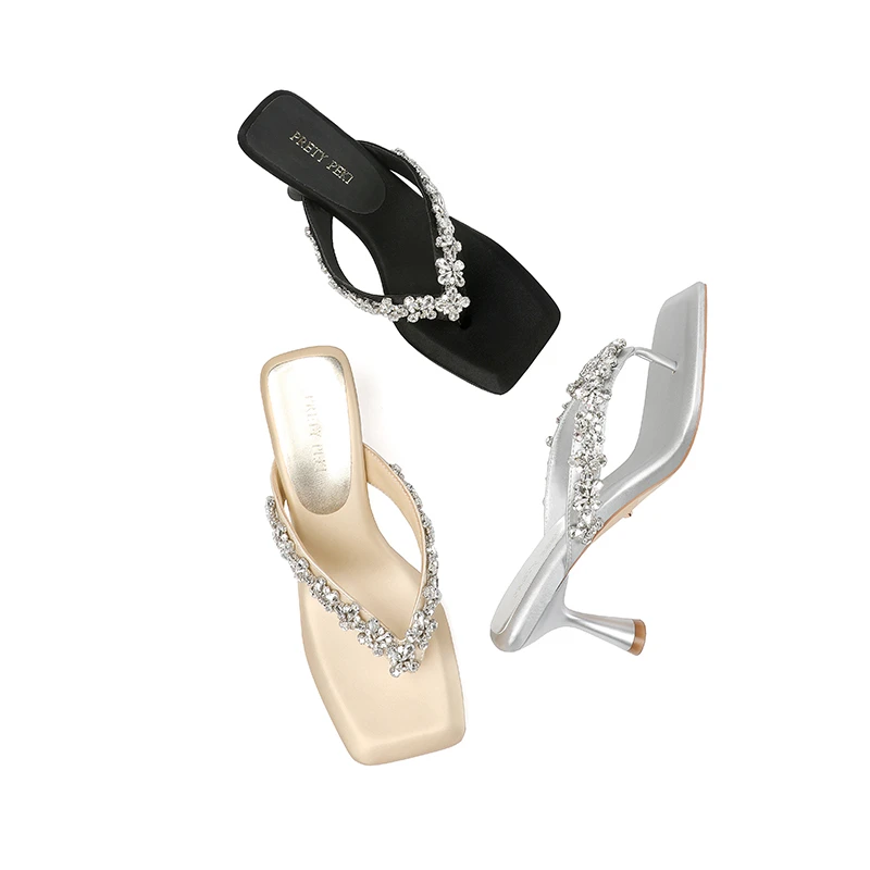 【跟高6.5cm】2025年夏季新款水钻方头细跟时尚气质百搭凉鞋外穿