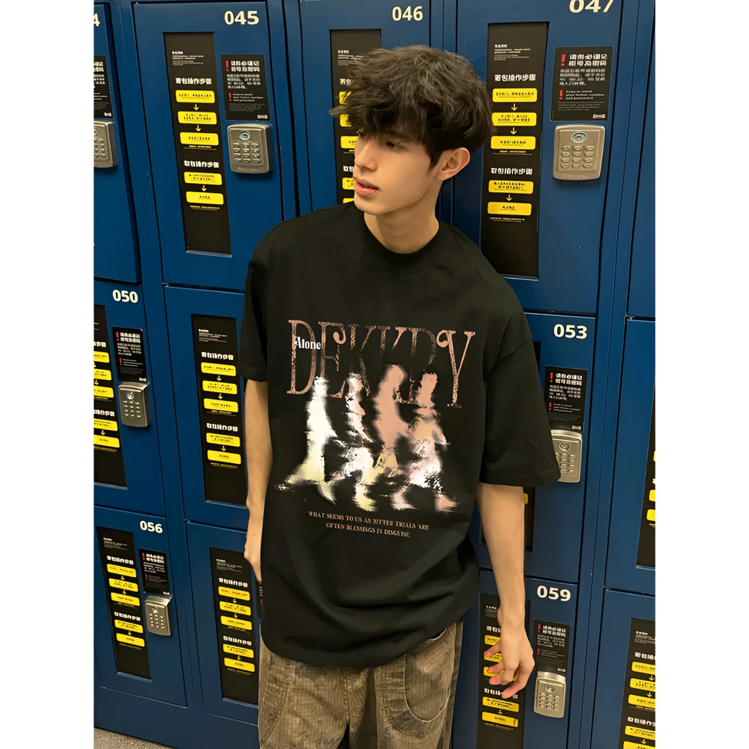 100%纯棉美式设计感人物字母印花短袖T恤男女夏季休闲情侣款上衣