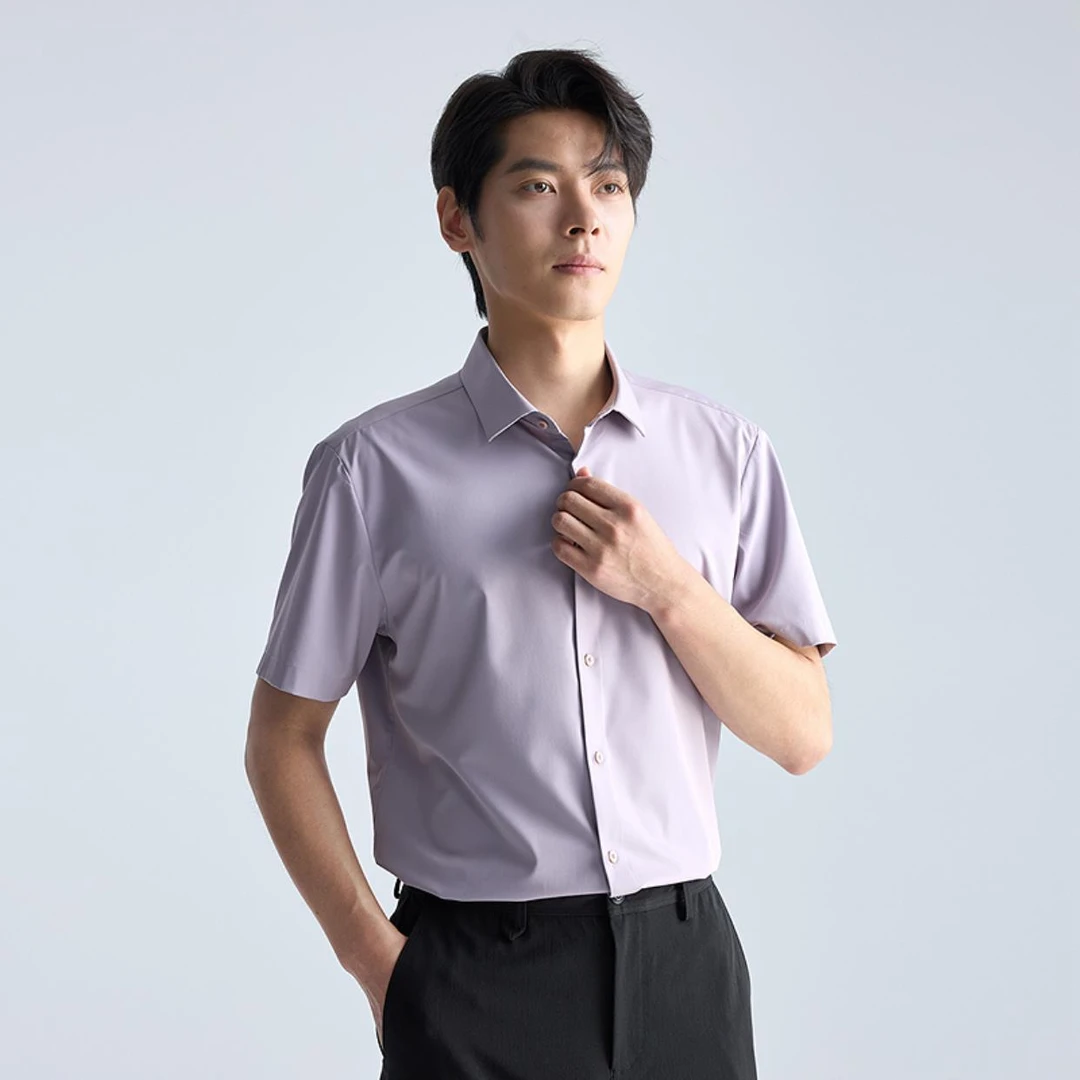 利郎夏季短袖衬衣薄款翻领男士【易洗衬衫】商务休闲宽松纯色003