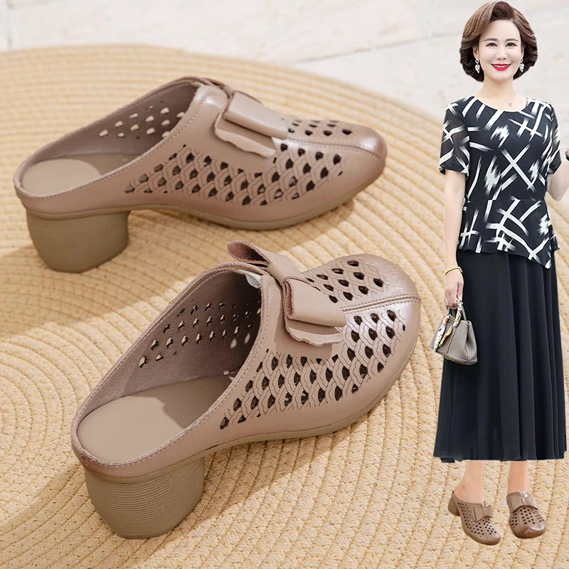 粗跟5厘米时尚外穿拖鞋镂空透气包头凉鞋真皮中年妈妈夏季高跟鞋