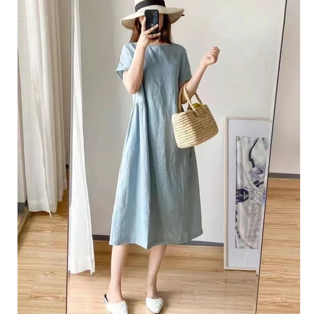 【清货+运费险】高品质棉麻连衣裙中长款短袖休闲遮肚显瘦a字裙XK11