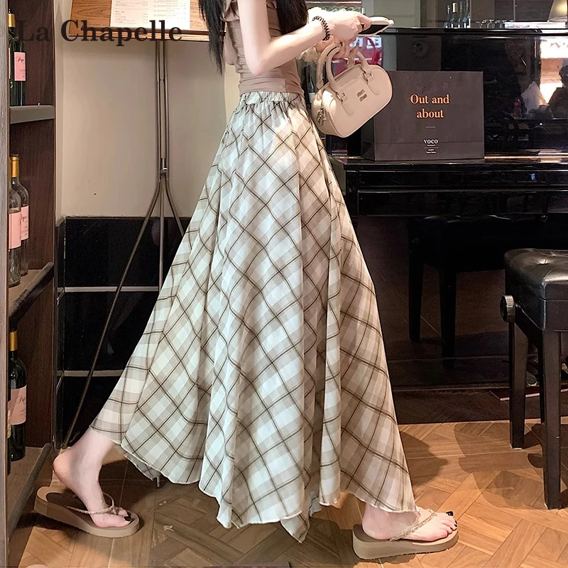 拉夏贝尔咖色不规则格子半身裙女夏巨好看垂坠感飘飘高腰a字伞裙