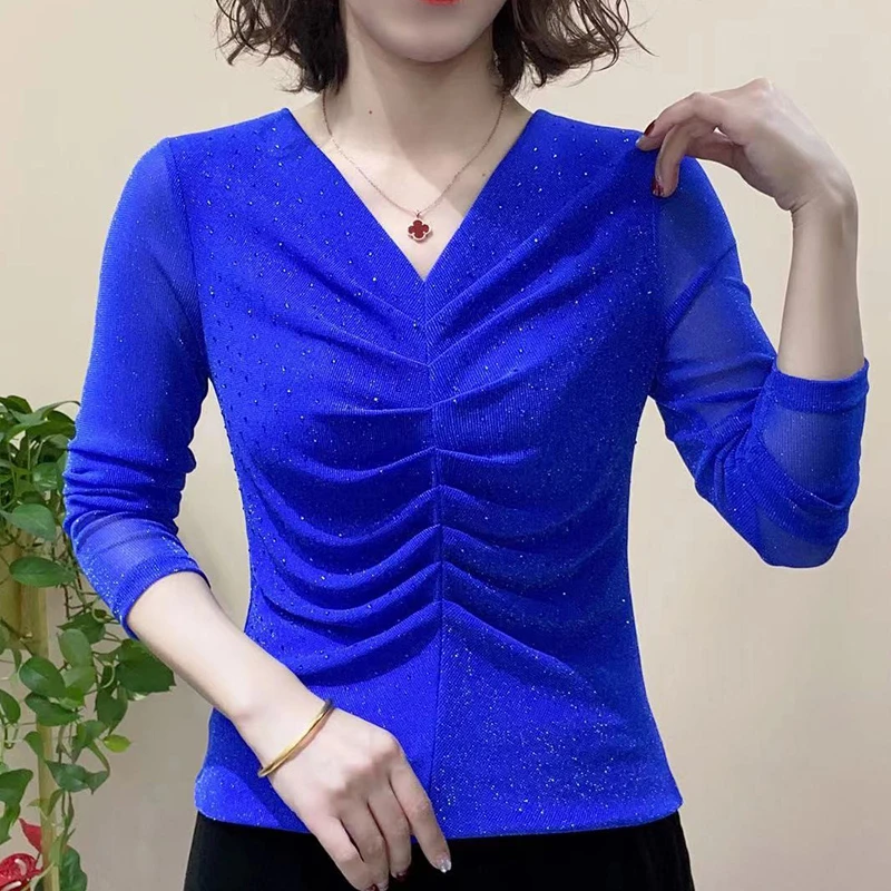 宽松遮肚子长袖网纱上衣女新款打底衫秋季V领镶钻t恤女洋气小衫