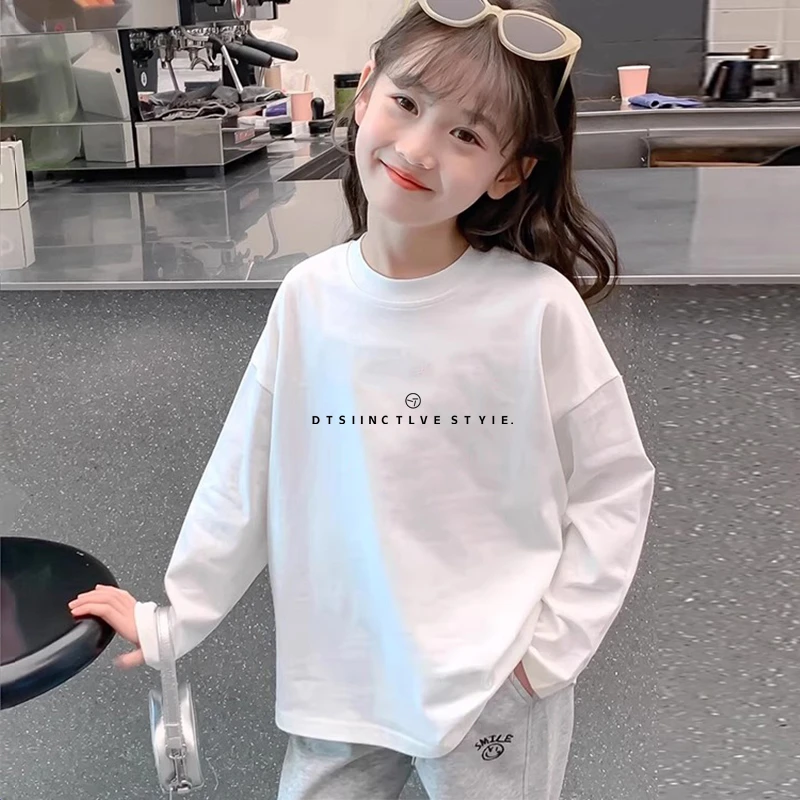 女童简约长袖T恤2025春秋新款儿童洋气上衣小女孩白色纯棉打底衫