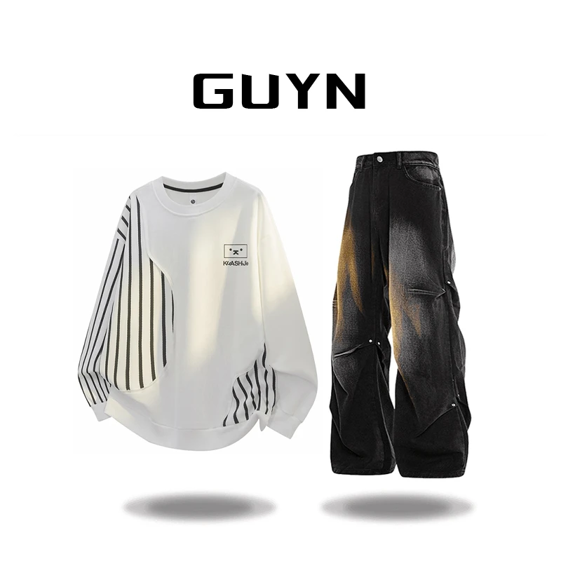 【品牌正品现货】GUYN卫衣男士撞色拼接秋冬季加厚宽松百搭休闲套装