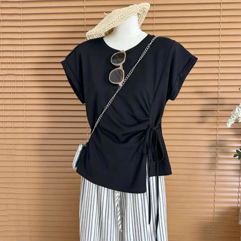 卡莲格/法式高级感修身短袖t恤女夏季新款微胖mm不规则绑带上衣女