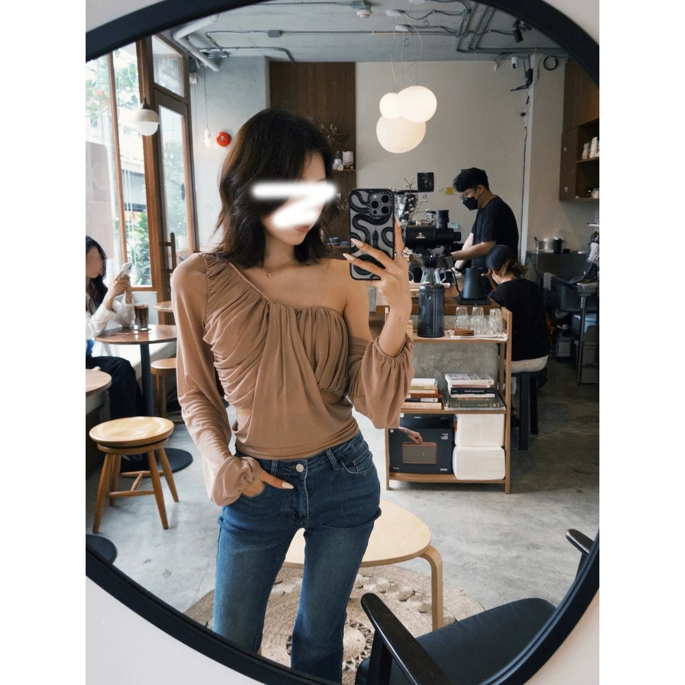 美式辣妹网纱斜肩显瘦百搭露肩上衣女春夏新款小众设计感露腰T恤