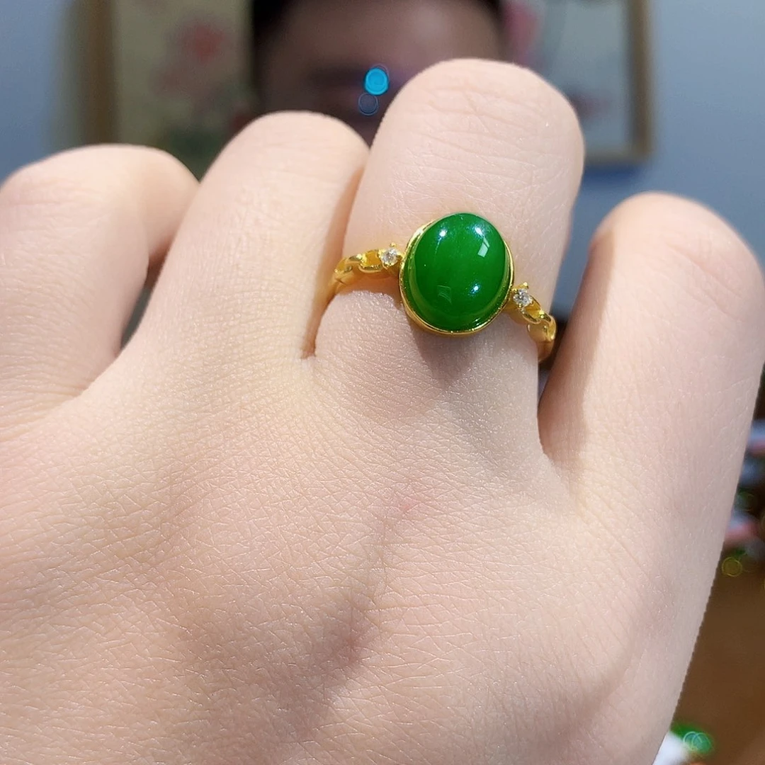 和田玉（碧玉）戒指银S925镀金镶嵌