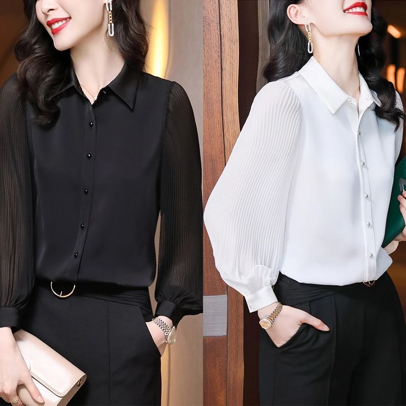 高端黑色长袖雪纺衬衫上衣女气质新款2025春秋款时尚洋气缎面衬衣