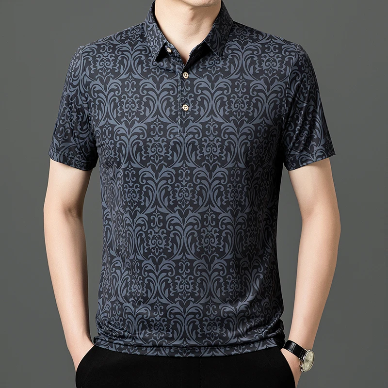 2025新款男士轻奢夏季休闲薄款商务印花翻领无痕高档中年polo衫