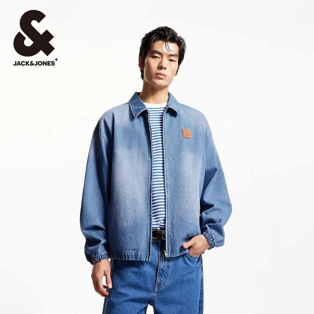 杰克琼斯新派简约春季新款潮流百搭字母刺绣牛仔翻领夹克外套男款