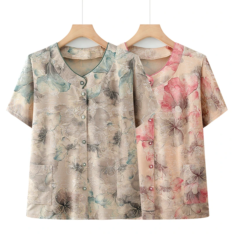 2025夏季中老年人上衣舒适短袖衬衫国风花色奶奶装气质显瘦款