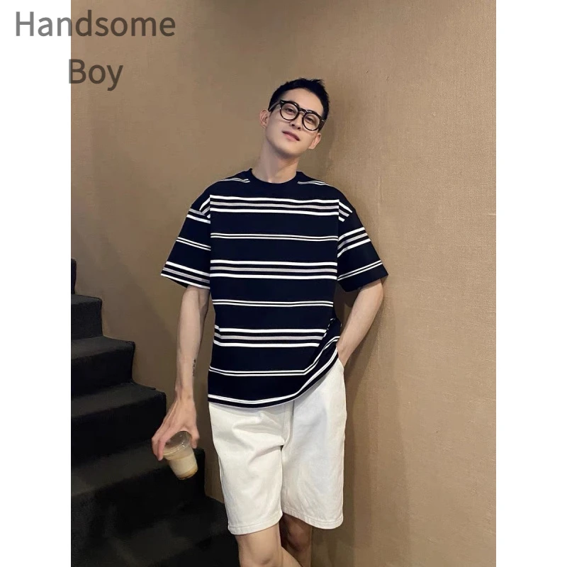 上衣休闲百搭情侣秋季宽松潮流条纹男士男装复古ins圆领半袖时尚