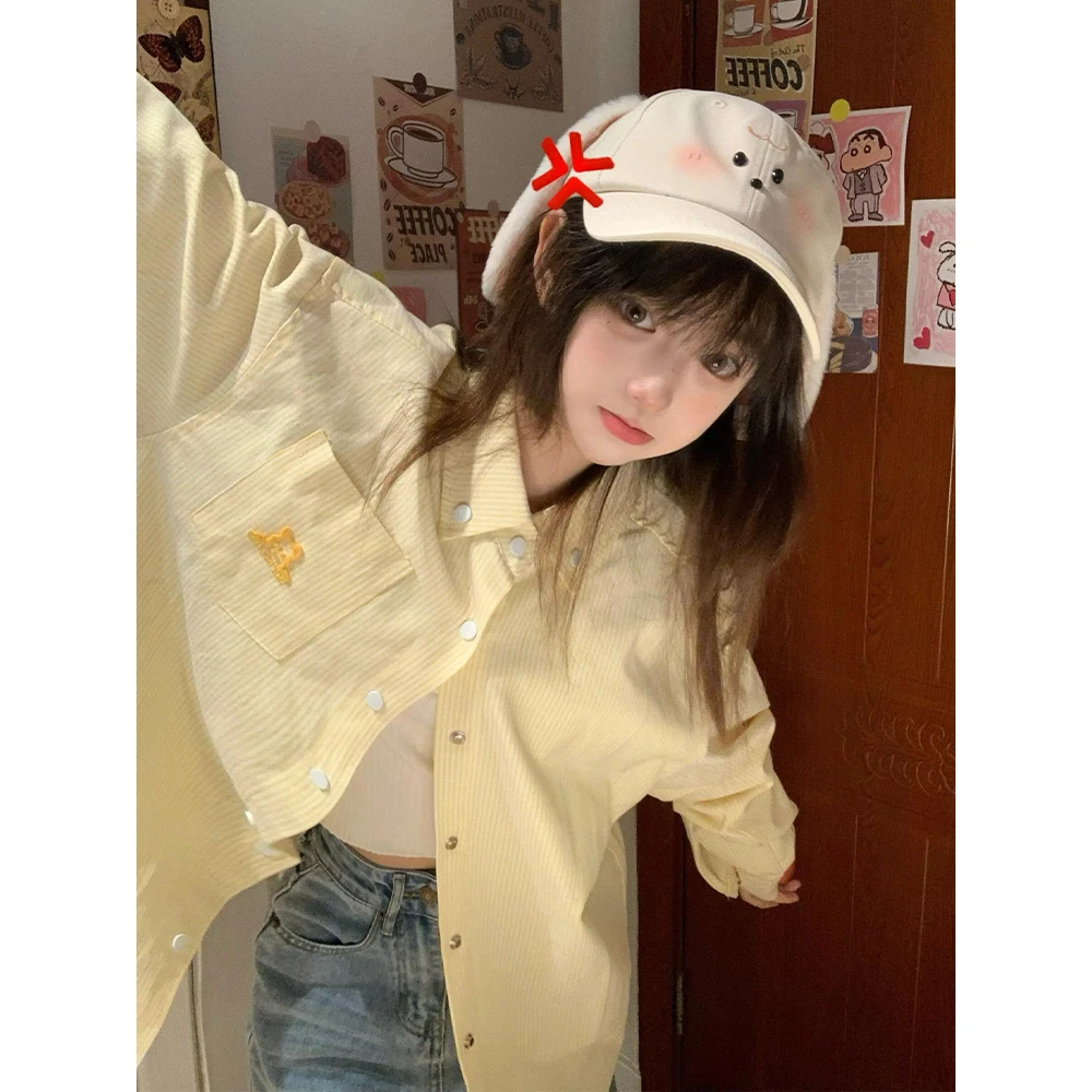 多巴胺条纹长袖衬衫女早秋新款韩系宽松中长款翻领别致衬衣潮