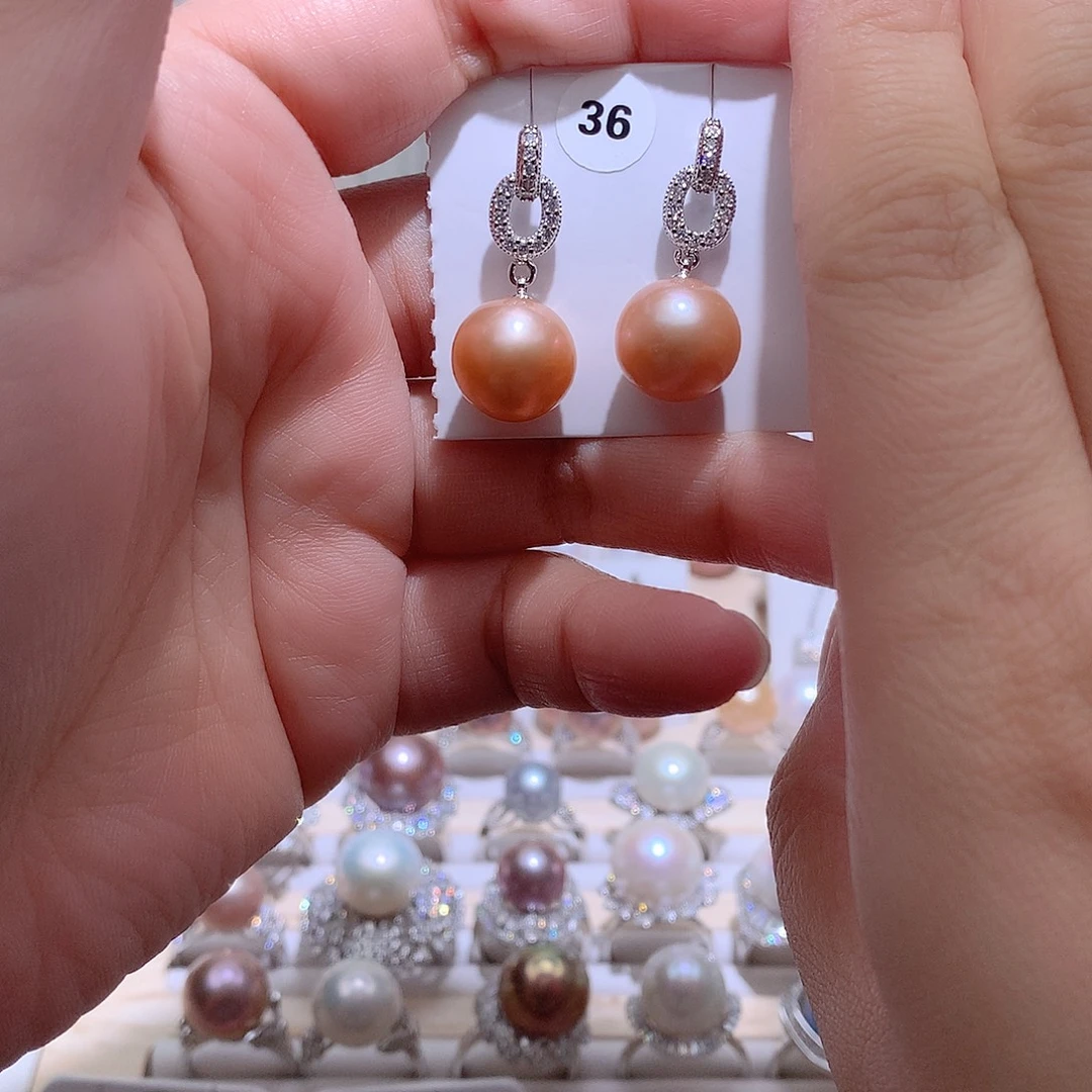 银S925镶嵌耳饰淡水珍珠CC12.3mm