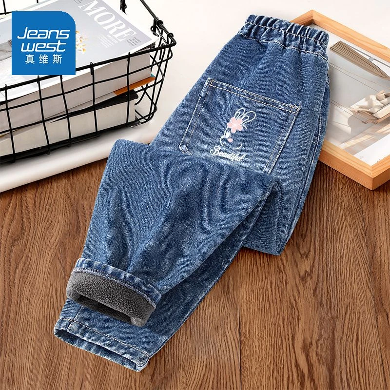 真维斯童装女童加绒牛仔裤25新款裤子冬季一体绒棉裤冬款儿童长裤