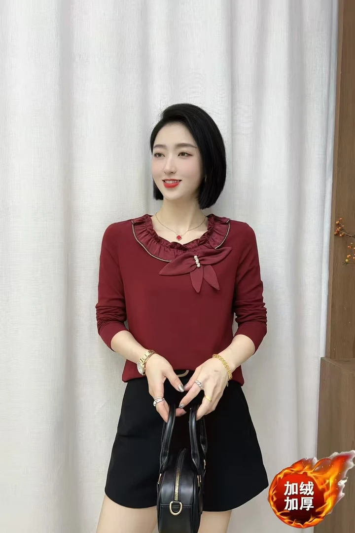 长袖气质女士常规修身型烫钻法式磨毛T恤显瘦修身纯色拼接加绒