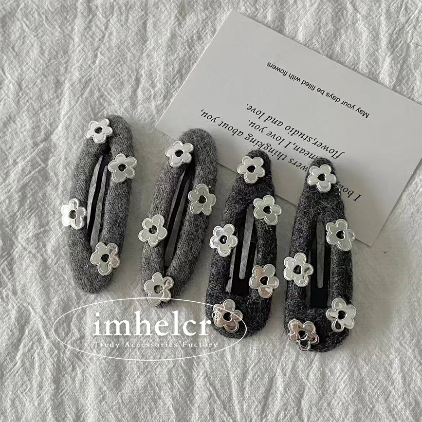 韩系ins灰色镜面小花毛呢发夹气质通勤百搭碎发夹刘海夹发卡新款