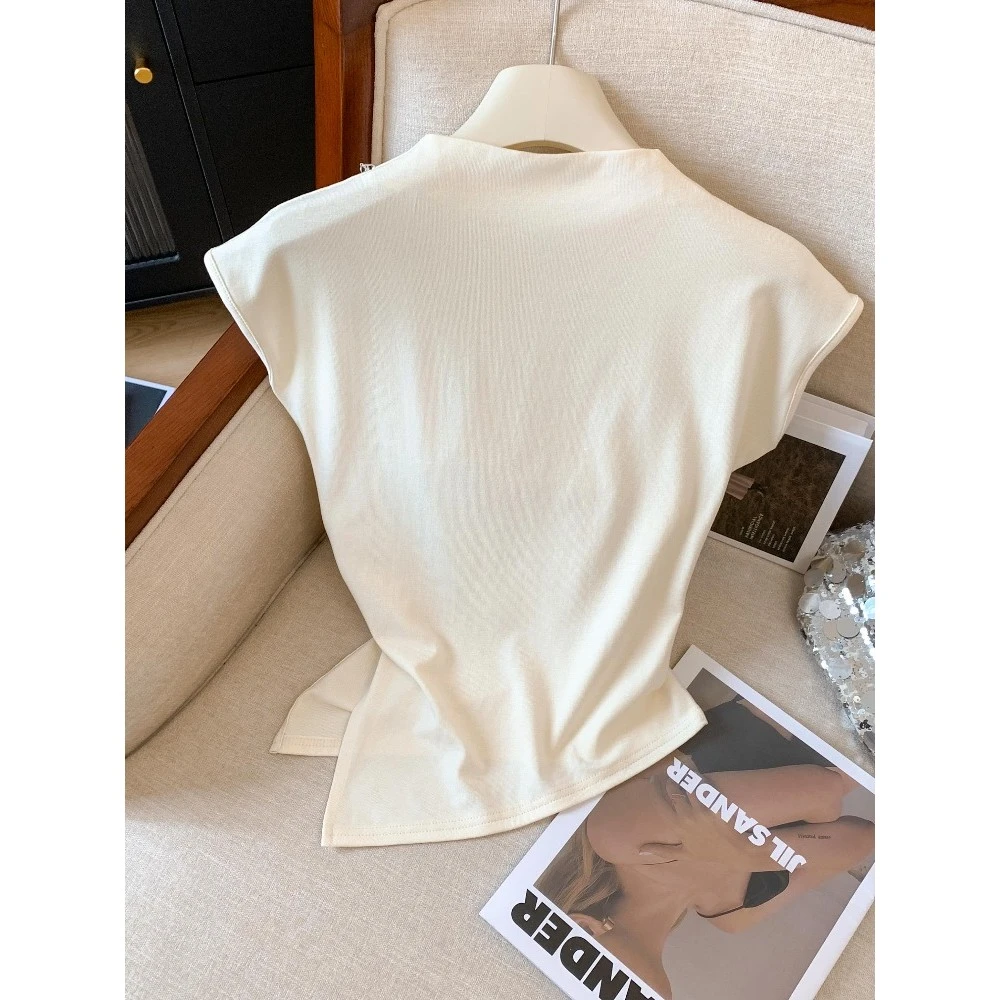 杏色半高领冰丝针织T恤女夏季款独特坎肩小衫网红同款项链小上衣