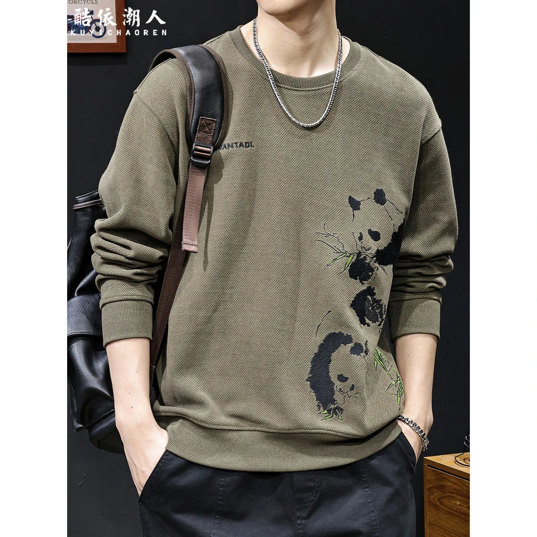 熊猫绣花2025新款男士卫衣潮牌宽松大码休闲长袖秋季高端加绒衣服