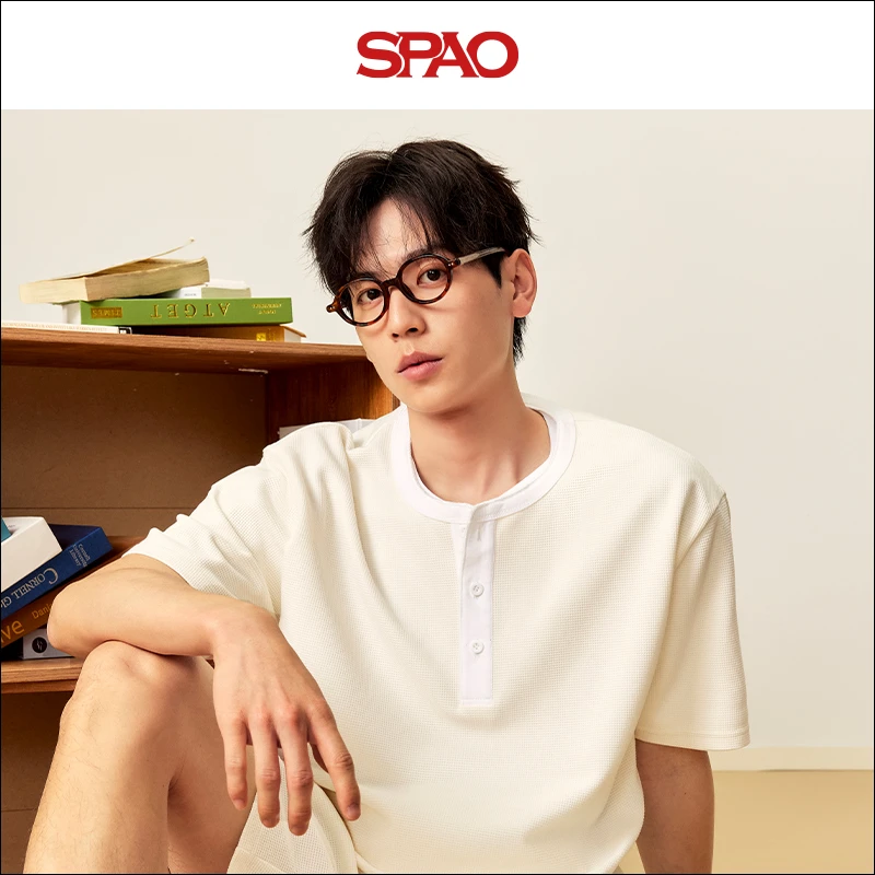 SPAO韩国同款白色百搭情侣款2025夏季新品酷丝格亨利领短袖T恤YYC