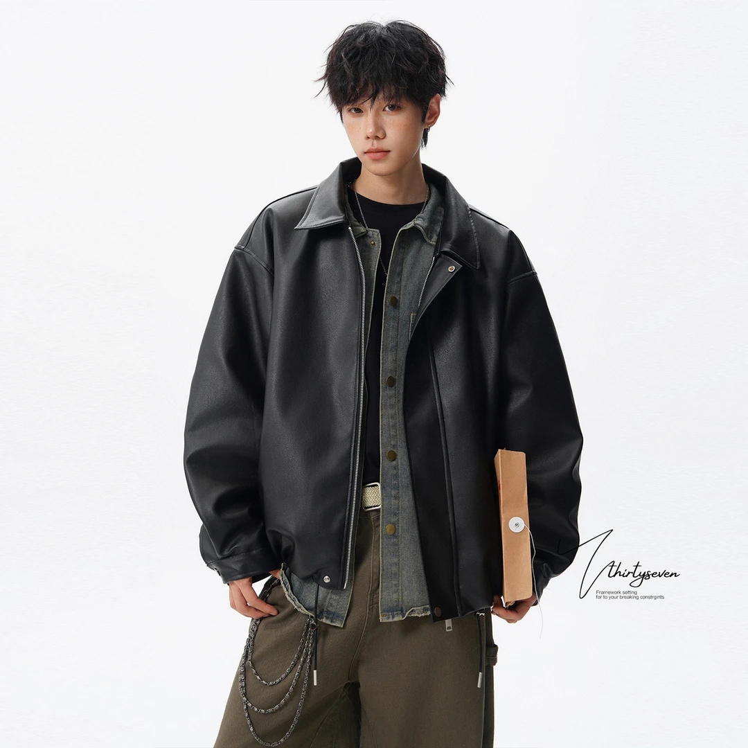 V37美式高级感痞帅机车服皮衣男款秋季高街cleanfit翻领夹克外套