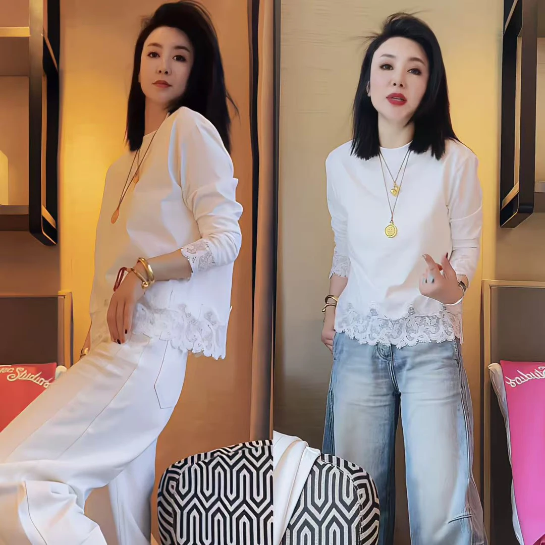 设计感花边袖口下摆蕾丝拼接长袖T恤女春季新款时尚百搭打底上衣