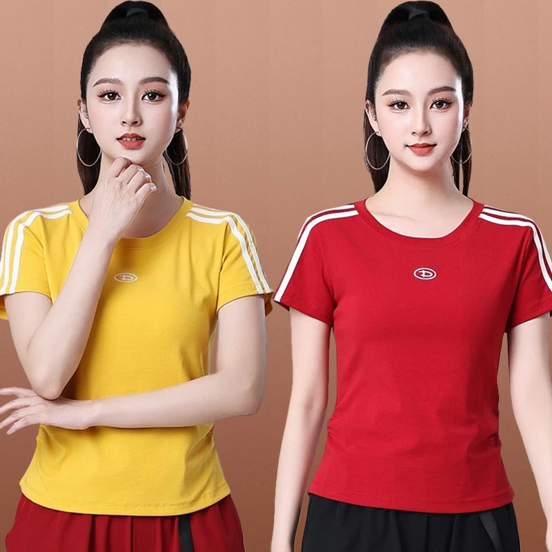 夏季新款广场舞服装上衣棉时尚圆领修身褶皱短袖运动体操跳舞衣服