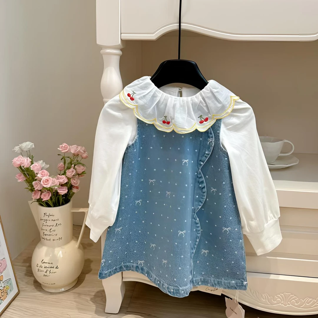 樱桃刺绣娃娃衫搭配牛仔裙儿童春秋蕾丝女童洋气韩版时尚娃娃领