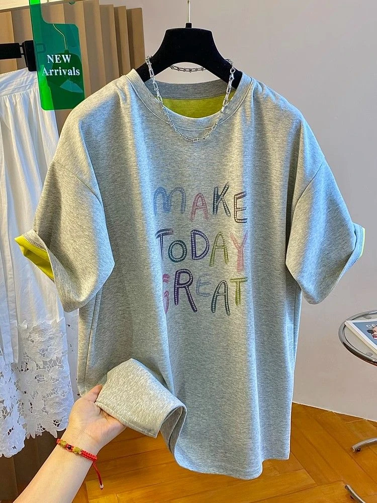 新款宽松显瘦彩色字母印花短袖T恤夏季女设计感百搭休闲上衣潮