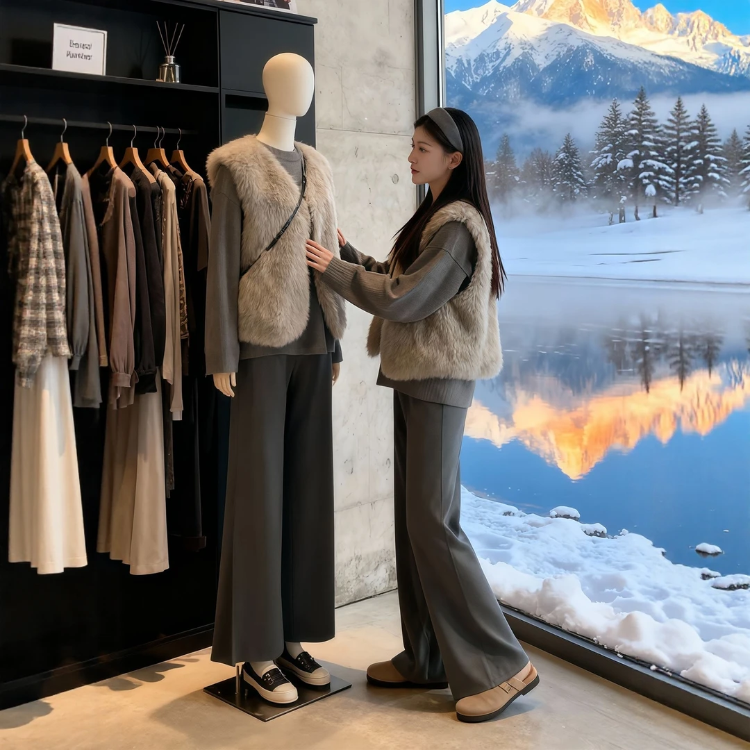 秋冬搭配一整套韩系穿搭慵懒风毛毛马甲叠穿针织上衣阔腿裤三件套