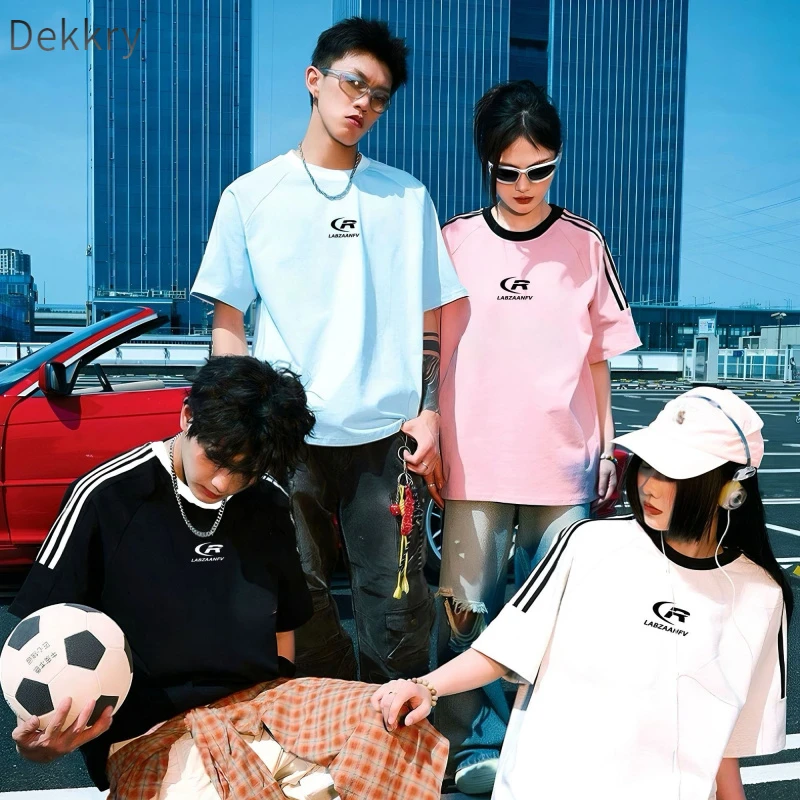 Dekkry情侣装上衣拼接撞色设计感短袖学生T恤显瘦运动韩版宽松