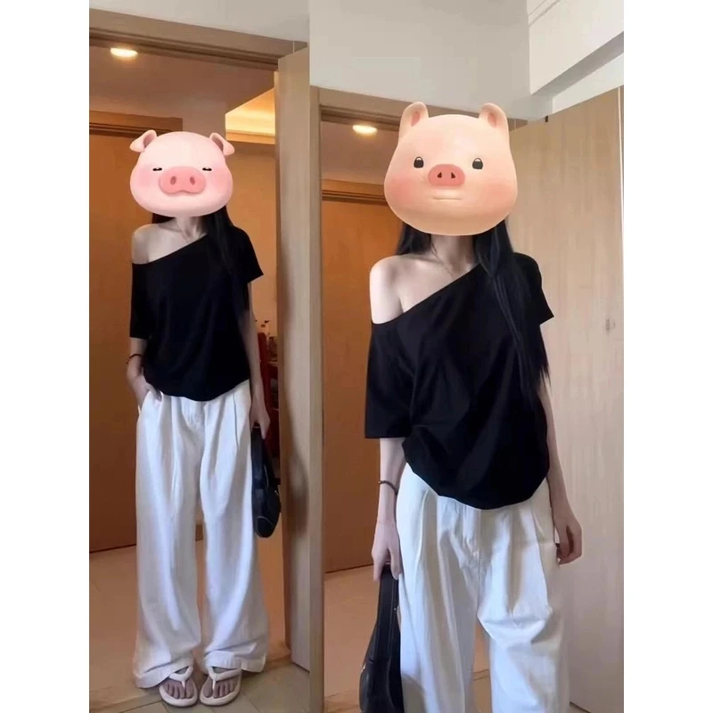 T恤倾肩袖纯欲风慵懒风常规款极简风短袖休闲风镂空抗静电显瘦