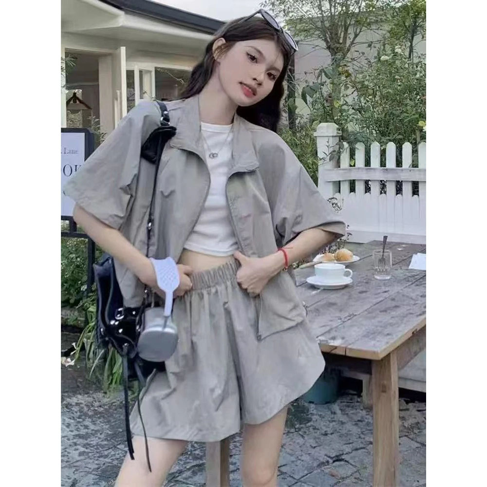 【高品质】铜氨丝韩系短袖服外套+气质阔腿短裤运动防晒休闲套装夏