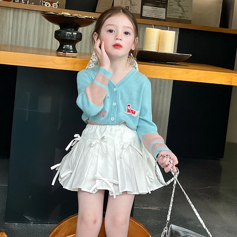 栀了成长记童装女童淡雅V领薄款针织衫春季半身裙宝坑条毛衣开衫