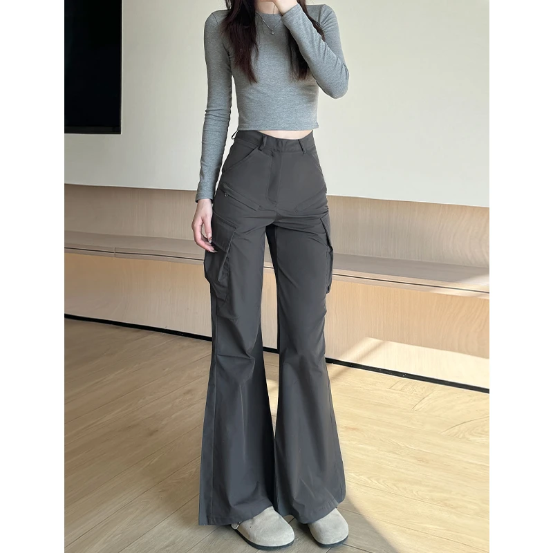 美式设计感2025新款黑色阔腿微喇裤女欧若风褶皱宽松休闲工装裤